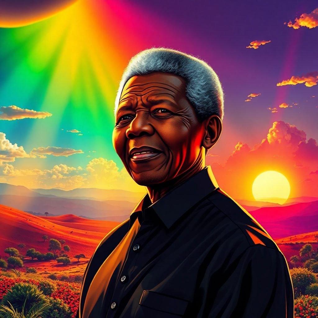 Um papel de parede vibrante apresentando Nelson Mandela em uma paisagem desértica ao pôr do sol, evocando o espírito de paz e liderança.