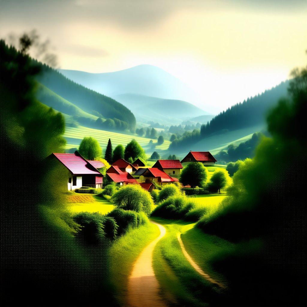 An idyllic village nestled among the foothills of a mountain range, with green pastures, vibrant trees and clear skies.