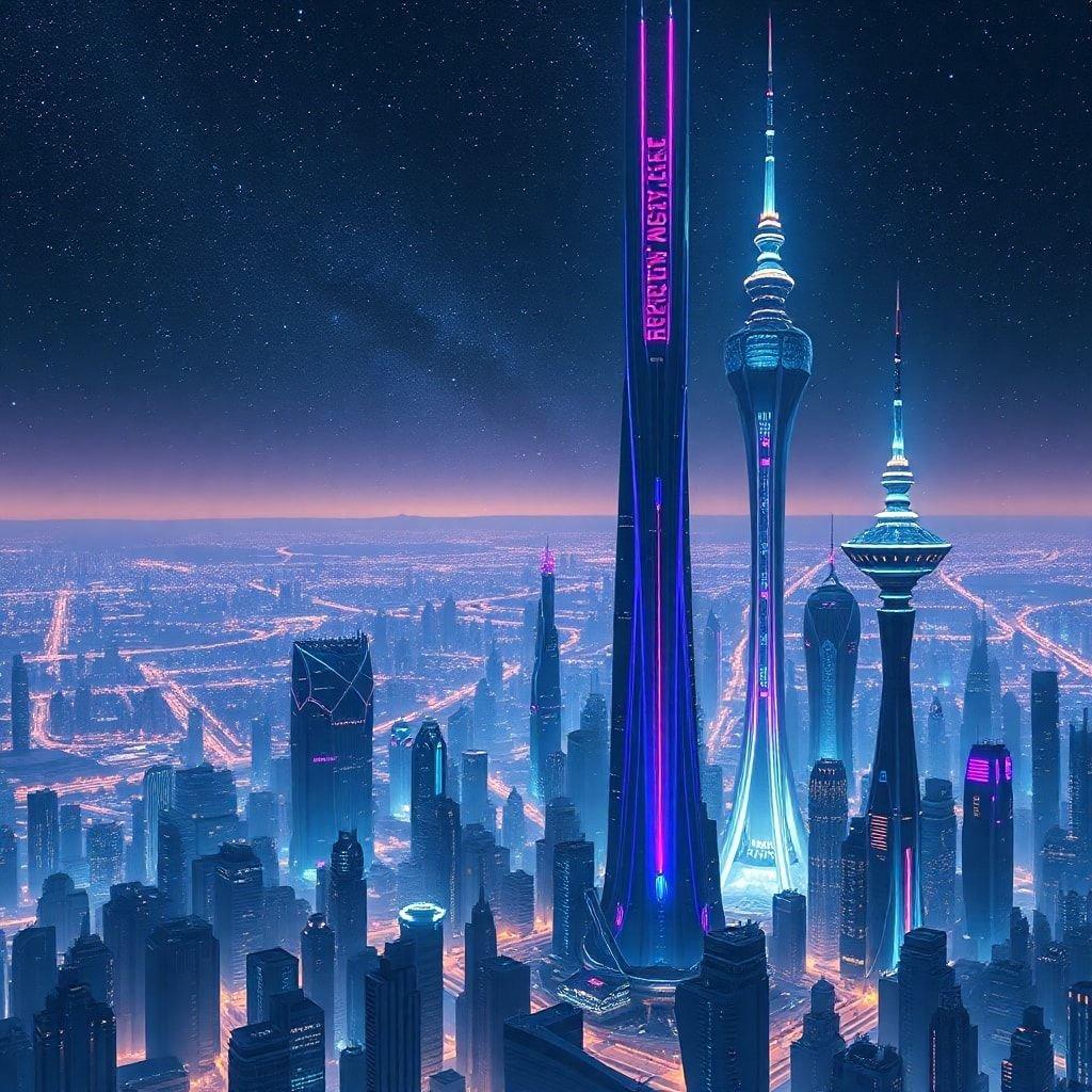 Immerse yourself in the futuristic world of this stunning cityscape, where towering skyscrapers and neon lights create a mesmerizing atmosphere.