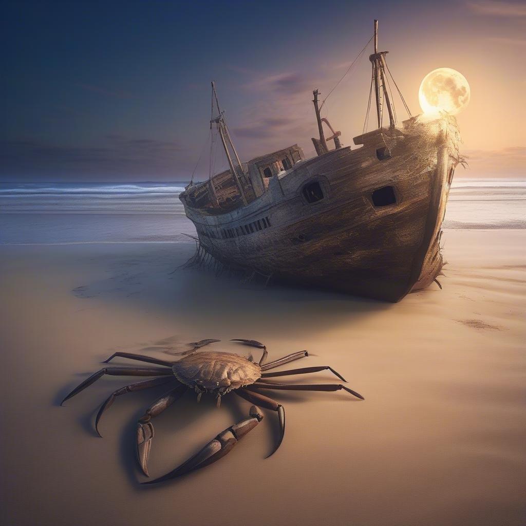 A serene night scene featuring an old ship beached on a sandy beach, illuminated by the moon against the backdrop of the deep blue ocean.