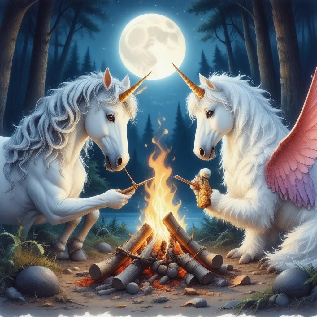 A nighttime gathering around a campfire by a unicorn and phoenix in a forest under a full moon.