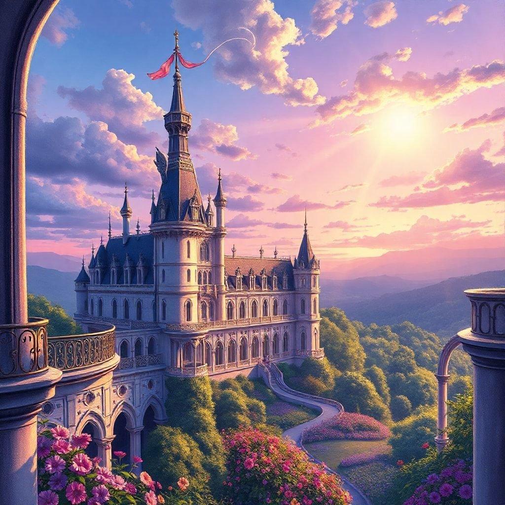 A beautiful 3D rendering of a castle in the sky, surrounded by a pink and purple sky and clouds.