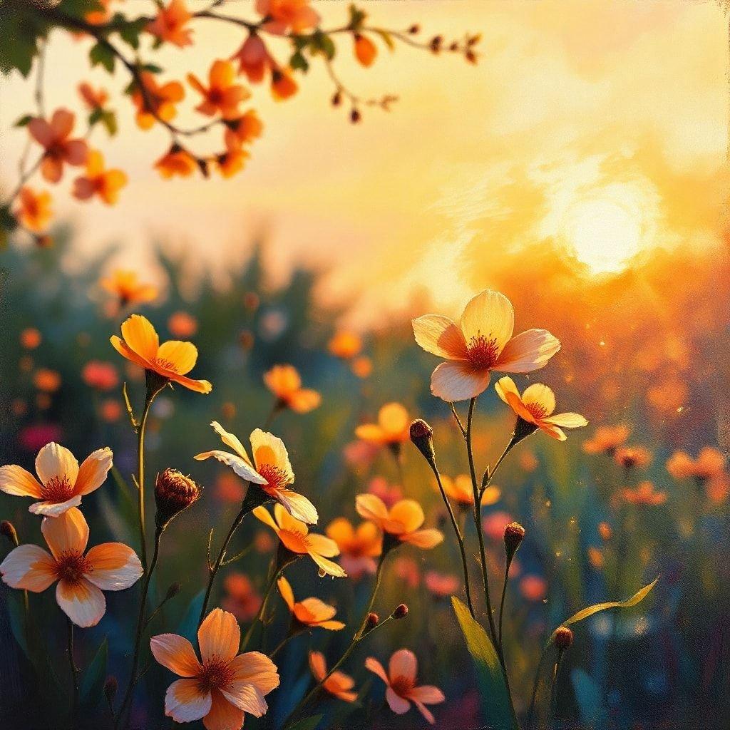 A captivating sunset scene with a field of vivid yellow flowers, creating a warm and serene atmosphere for your desktop or mobile device.