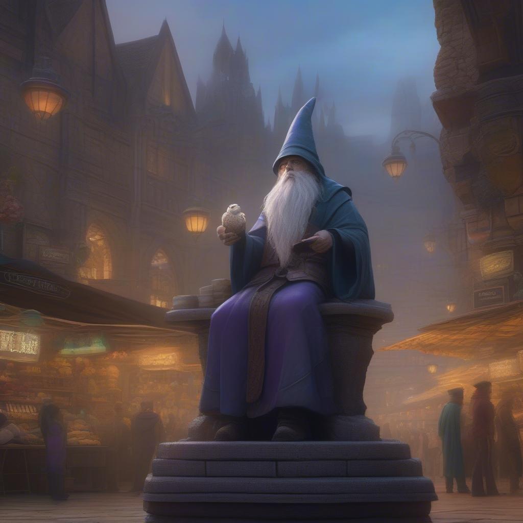 Enter the vibrant and bustling fantasy world of market squares, where a wise guru sits atop his pedestal amidst the hustle and bustle of daily life. The scene is set against a backdrop of ancient architecture that adds to the mystique of this magical realm.