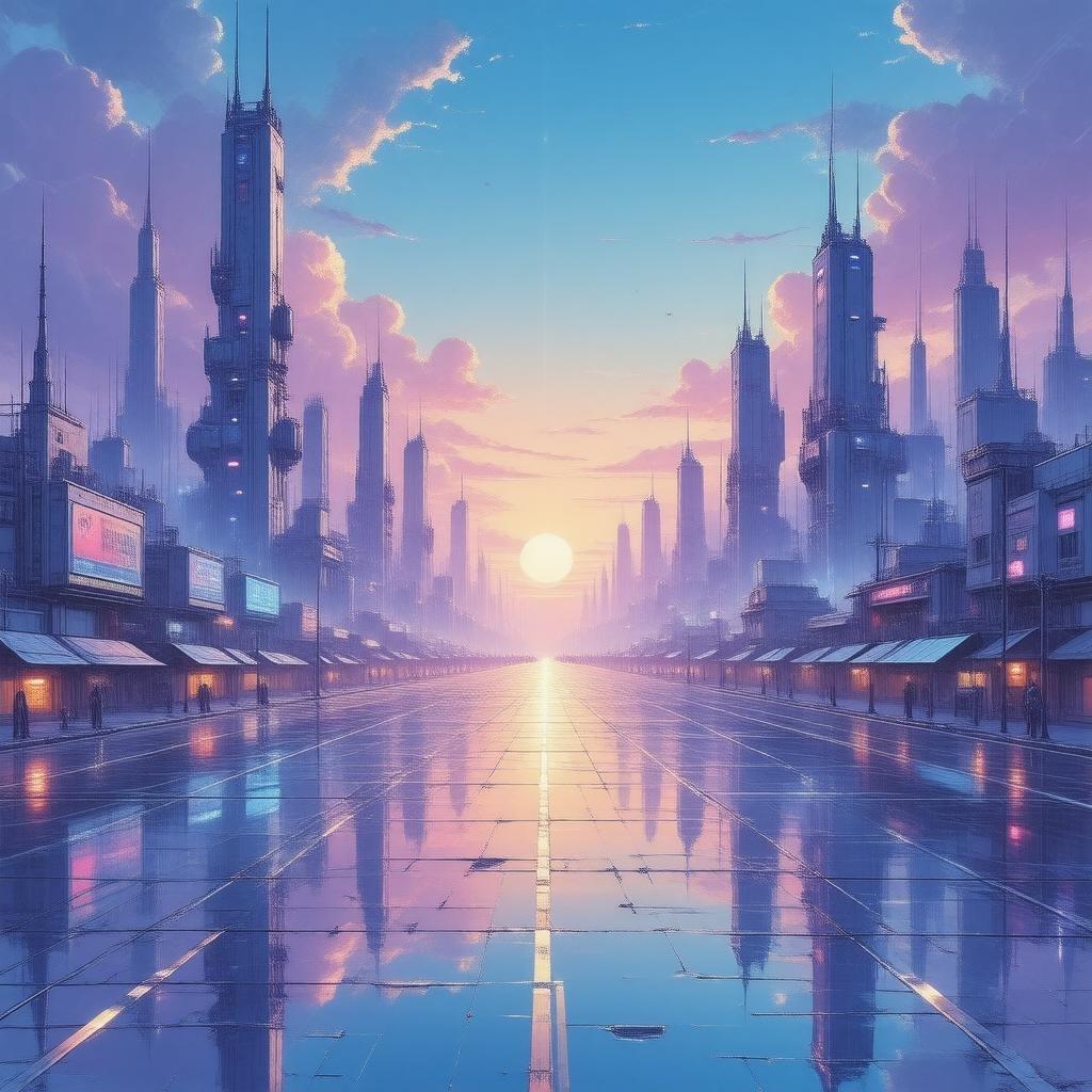 Step into a world of vibrant colors and futuristic wonder with this anime-inspired cityscape wallpaper. The sky is ablaze with hues of blue and purple, reflecting off the wet pavement below. Towering robots stand sentinel, their neon lights casting a mesmerizing glow. This image is a perfect blend of technology and art, making it a stunning addition to any desktop or mobile device.