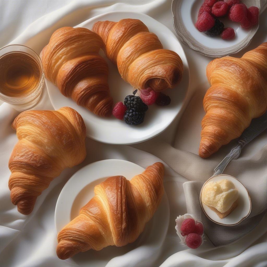 Indulge in these flaky, buttery croissants adorned with fresh berries and raspberries. The perfect way to start your day or end a meal on a sweet note.