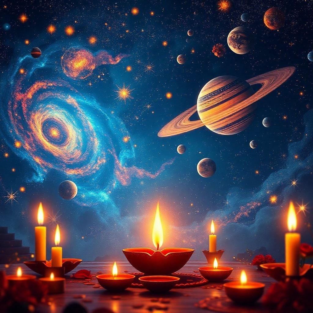 Explore as maravilhas do universo na noite de Diwali. Junte-se a nós em uma celebração cósmica onde os planetas dançam ao redor das estrelas e as galáxias brilham sob o suave brilho da luz das velas.