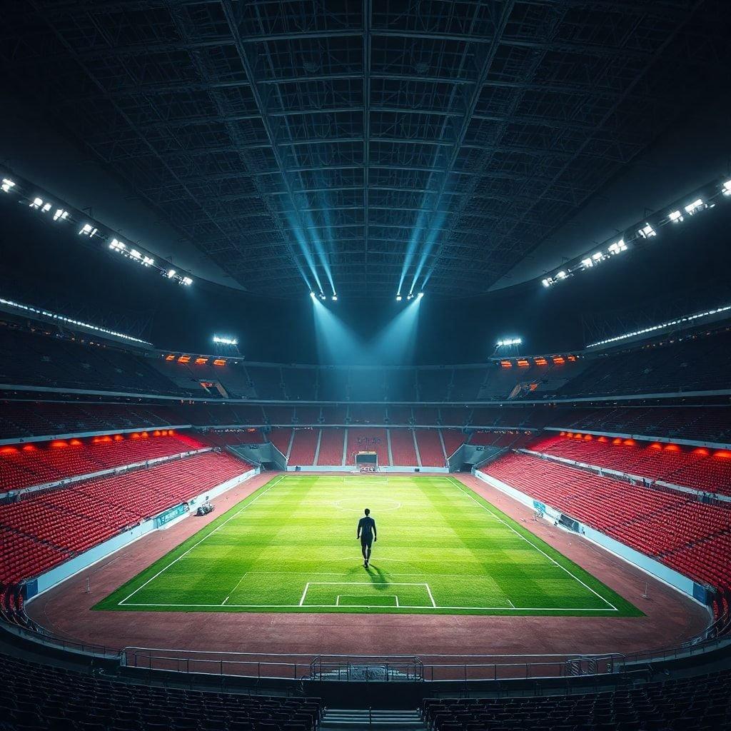 A modern football stadium lit up at night with floodlights, ready for a game or event.