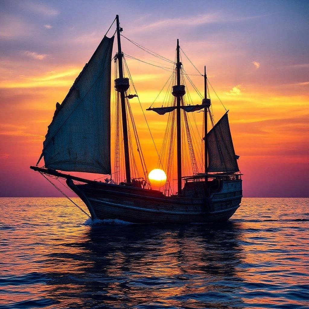 Embark on an adventurous journey across the sea as the sun paints a picturesque backdrop. Golden hues of the setting sun glimmer on the water, reflecting off the mast and sails of this vintage sailboat.