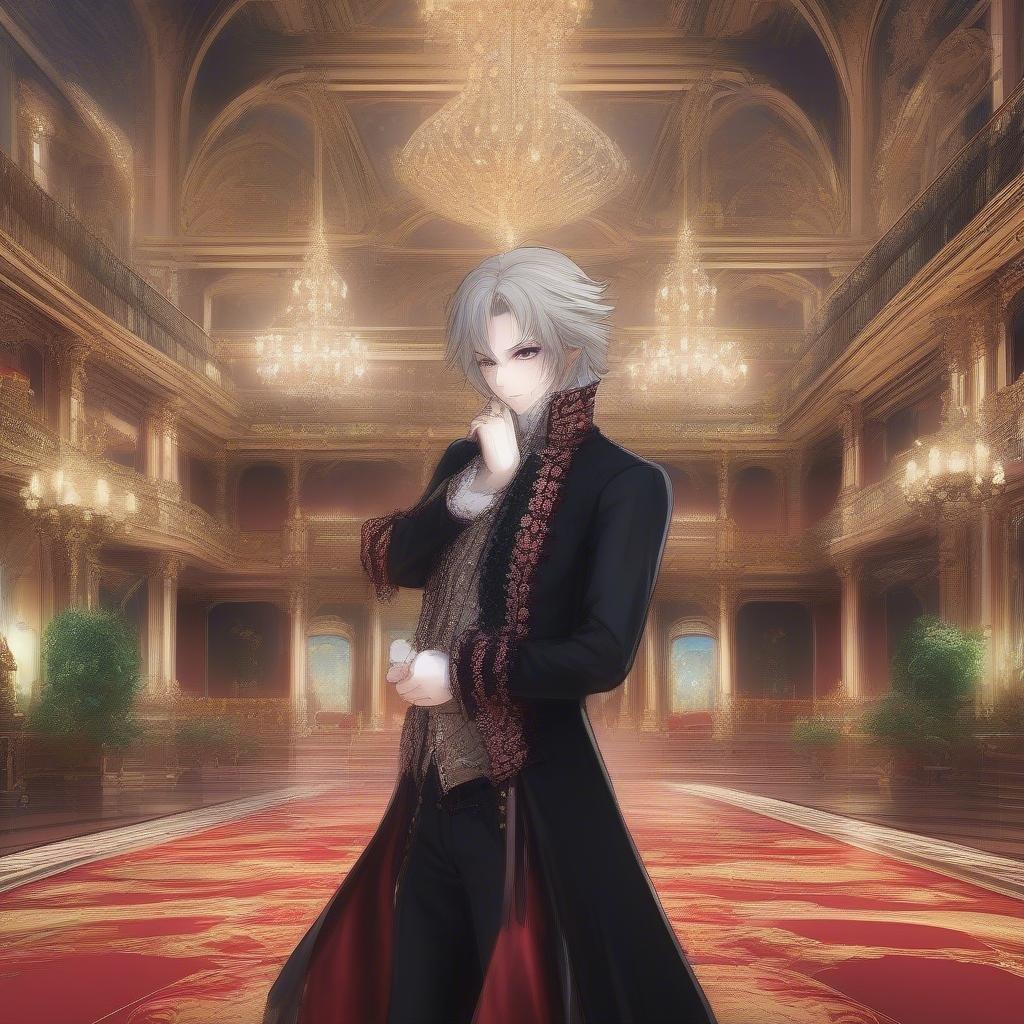 A mysterious anime character stands in the center of a grand hall, surrounded by ornate decorations and intricate architecture. The character's enigmatic expression adds to the overall allure, hinting at a captivating story waiting to be unfolded.