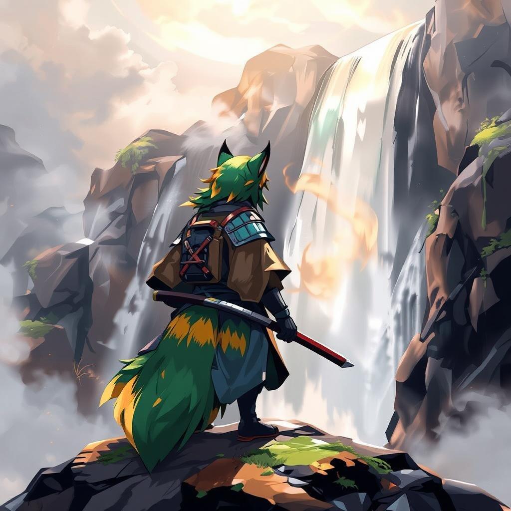 This anime wallpaper features a serene samurai standing at the edge of a waterfall, with vibrant green and yellow fur contrasting the misty background. The peaceful scene captures a tranquil moment in nature, evoking a sense of awe and wonder.