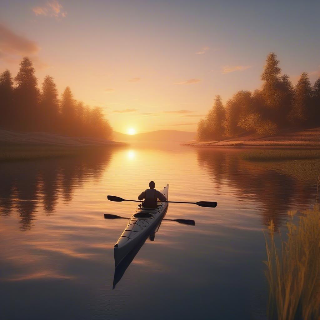 A serene scene with a solitary paddler on a lake at sunset, creating an atmosphere of tranquility and romance that's perfect for celebrating love.