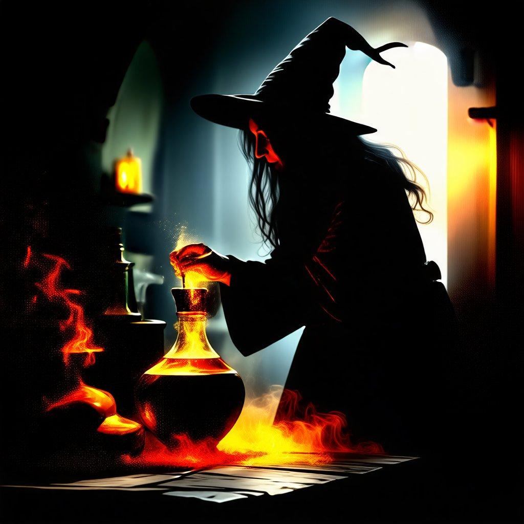 A witch stirs a bubbling potion in a cauldron, surrounded by spooky Halloween decorations.