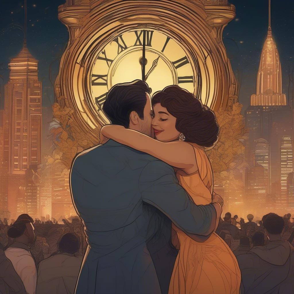 Amidst the bustling crowds of Times Square, a couple shares a romantic moment under the bright lights of the iconic clock tower, marking the beginning of another year.