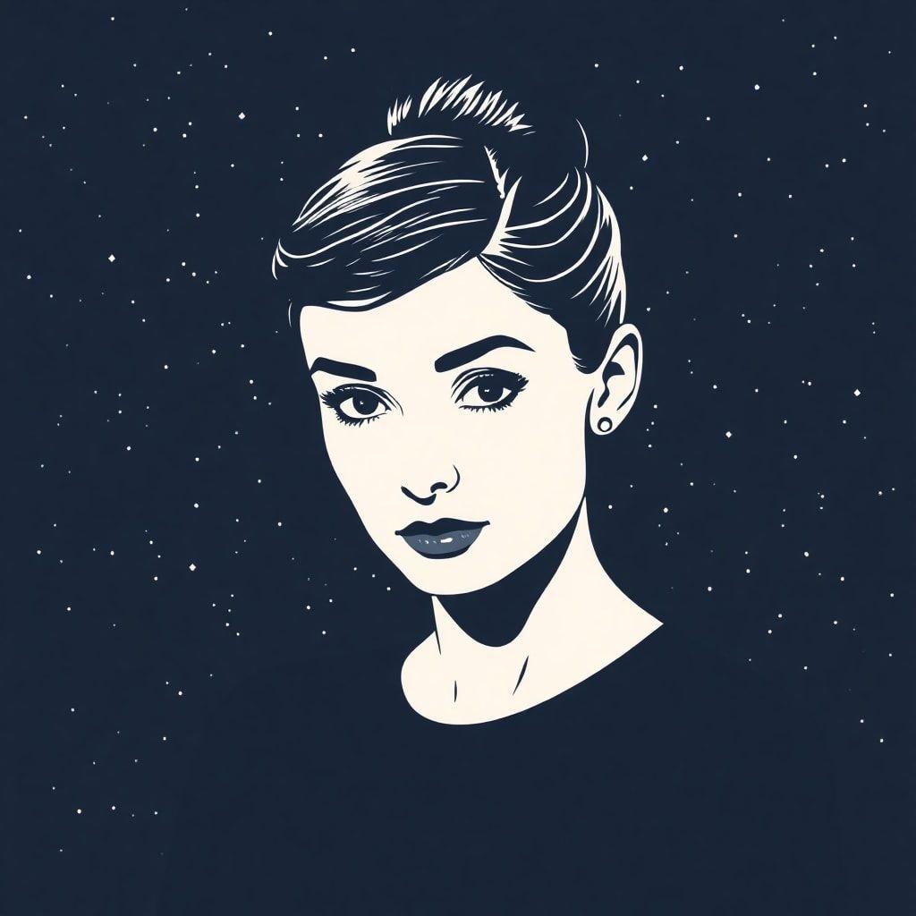 Este fondo de pantalla presenta una impresionante ilustración de Audrey Hepburn contra un fondo de estrellas y espacio. La imagen es una representación única y llamativa de la icónica actriz, perfecta para los fans del glamour clásico de Hollywood y la ciencia ficción.