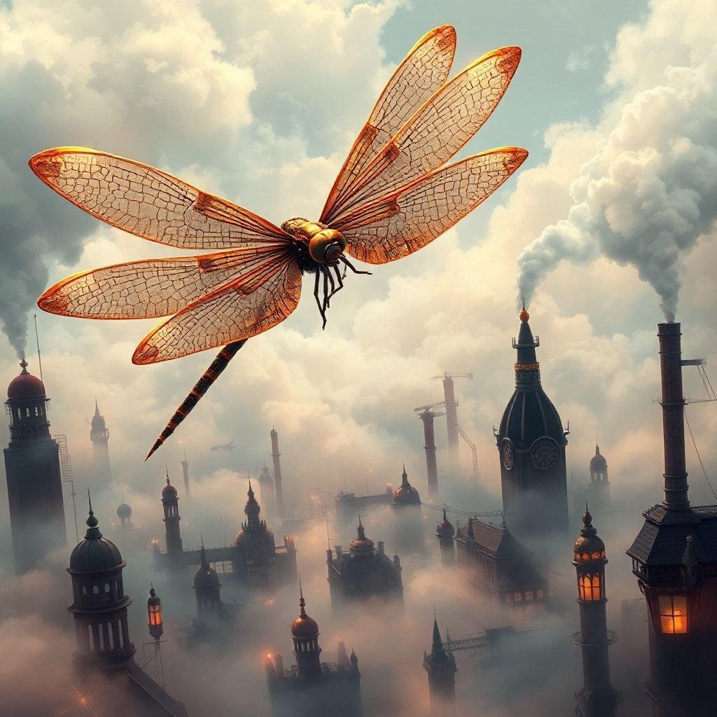 Esplora un vivace paesaggio urbano steampunk dove la modernità incontra la tradizione. Al centro, una maestosa libellula prende il volo, le sue ali spiegate contro lo sfondo di una città avvolta nella nebbia. Il design intricato della libellula e le torri imponenti suggeriscono un'era di invenzioni fantastiche.