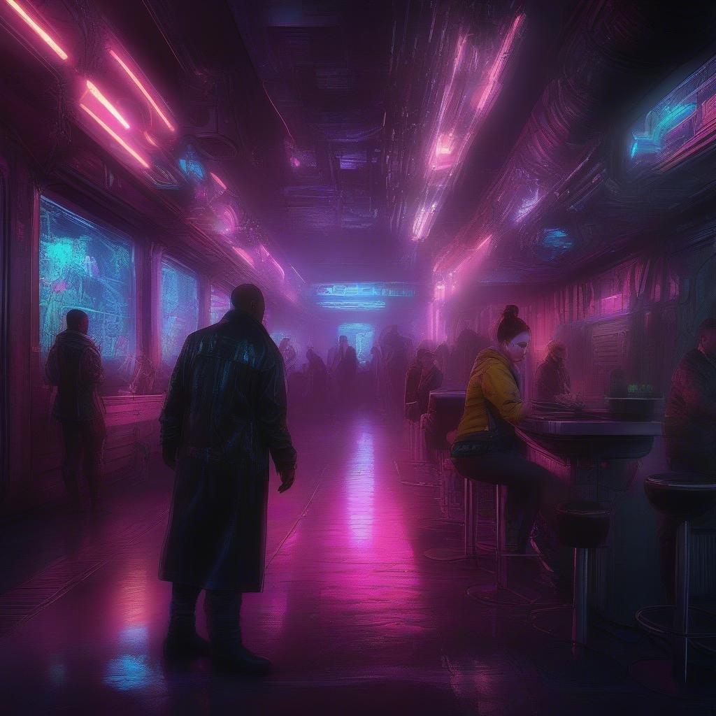 A futuristic cyberpunk bar scene, neon lights against the night sky, patrons enjoying a lively atmosphere.