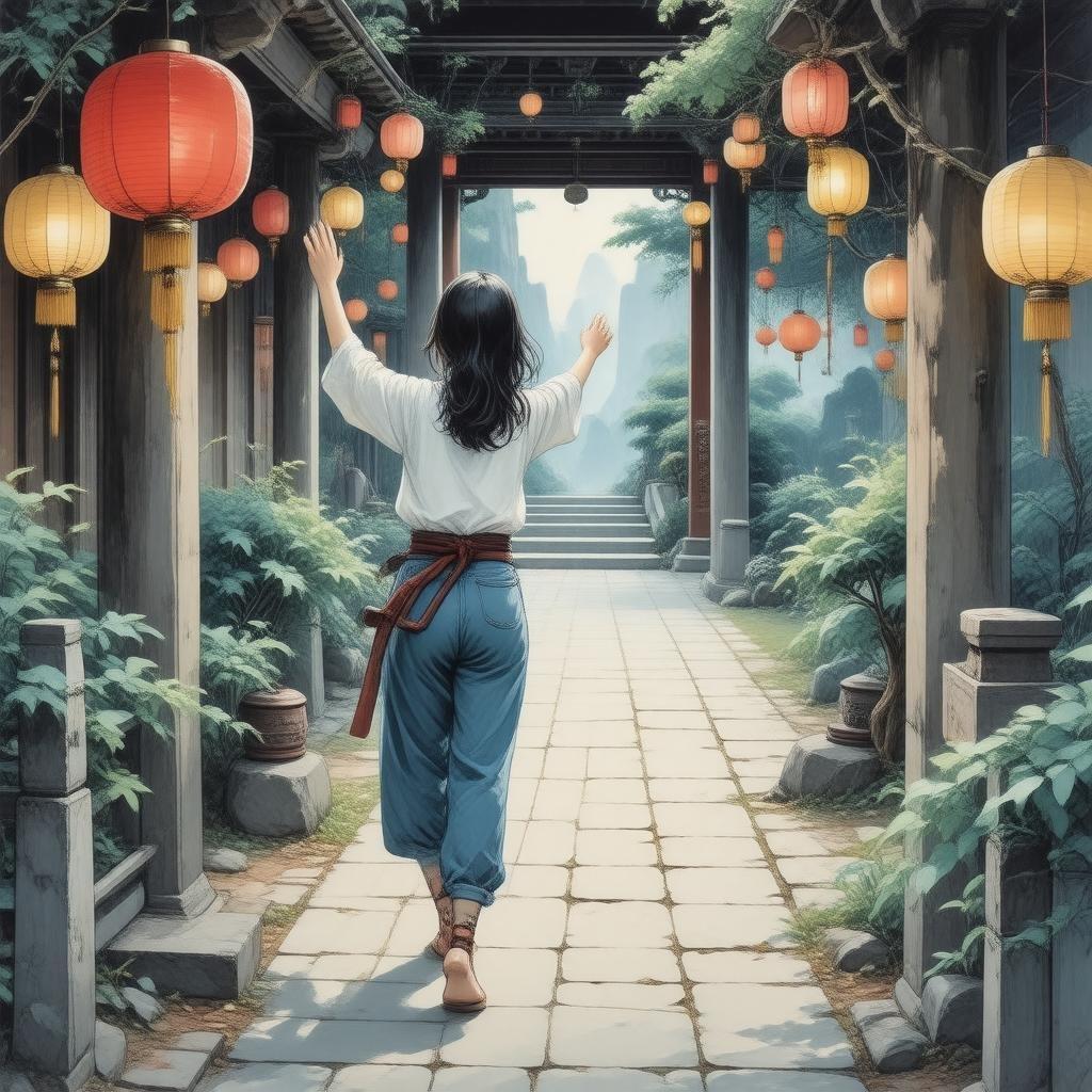 A young ninja is sneaking through a hidden temple garden, surrounded by many lanterns.