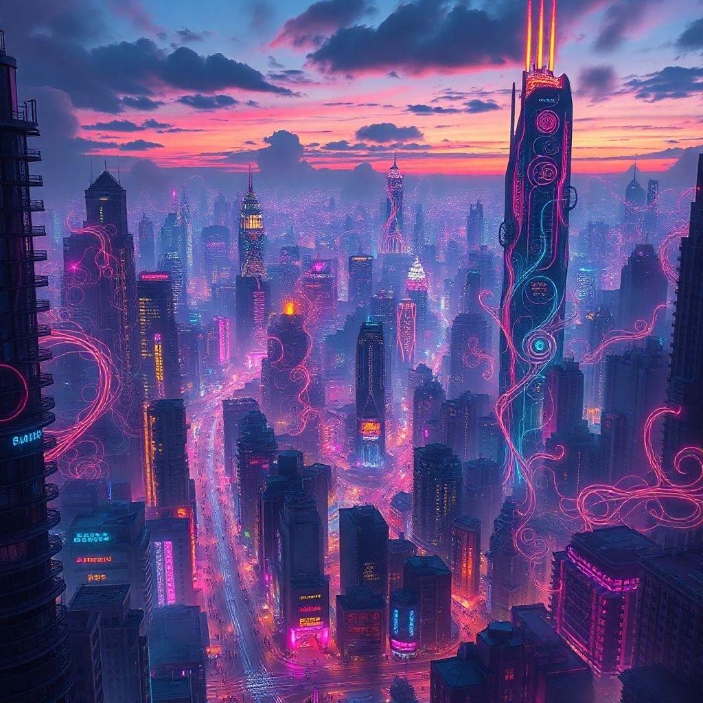 An artistic depiction of a city bathed in the warm glow of a sunset, with futuristic architecture and vibrant neon lights. The image is a blend of reality and imagination, reflecting an advanced urban landscape.