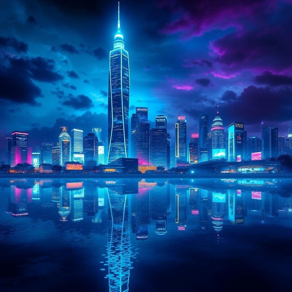 A futuristic cityscape at night with vibrant neon lights illuminating an iconic skyline. Reflections of the glowing buildings dance on the dark blue water below.