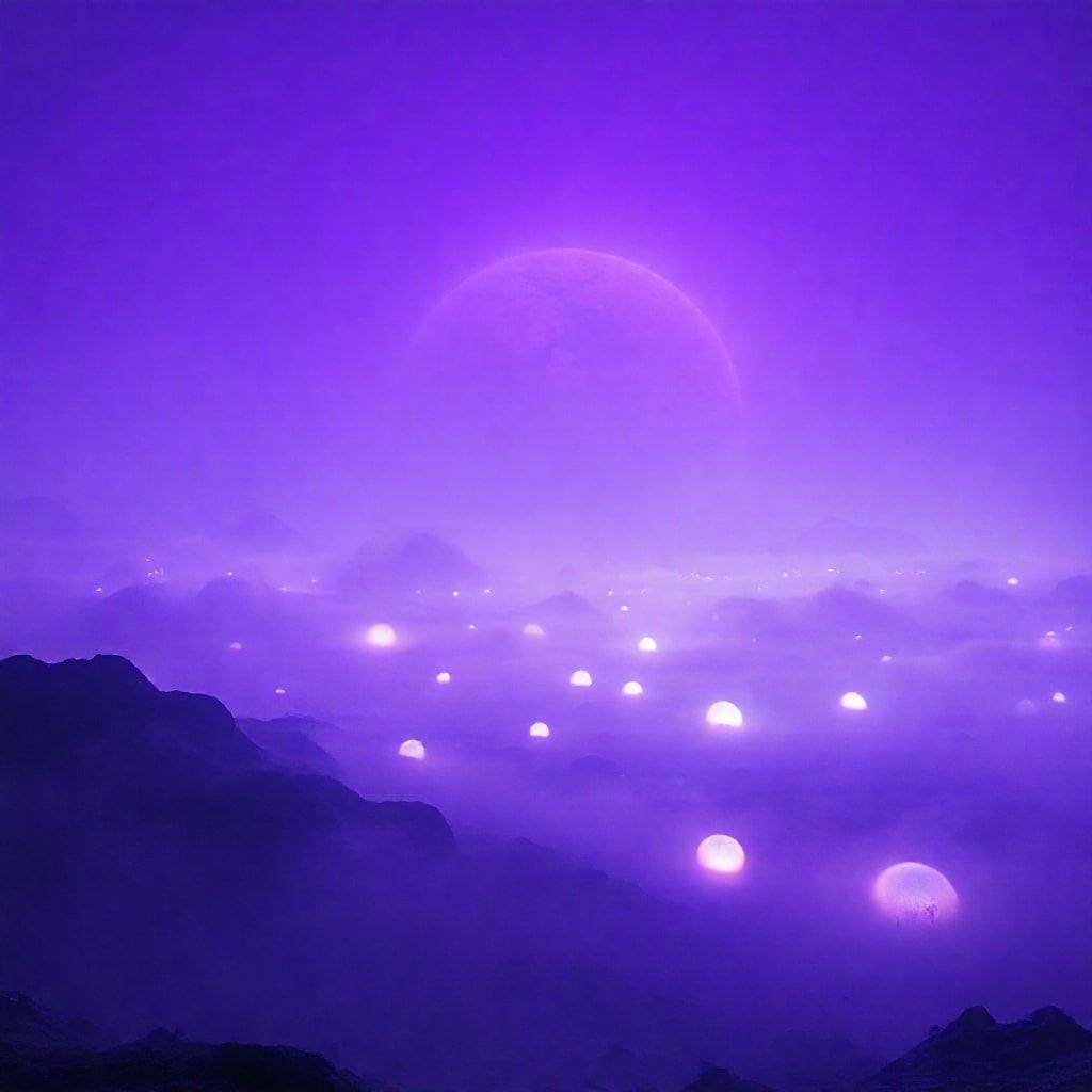 Explore a fantastical realm under a purple moon, where floating spheres dot the foggy landscape.