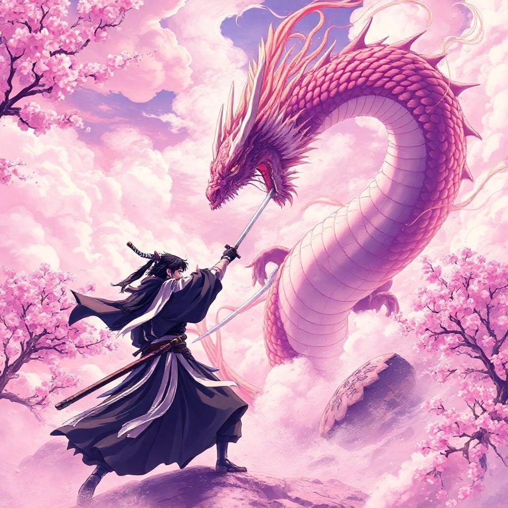 In dieser aufregenden Szene aus der Anime-Welt kämpft ein geschickter Samurai in Schwarz und Weiß gegen einen majestätischen Drachen mit feurigen Flügeln. Die Schlacht findet unter einem rosa gefärbten Himmel voller flauschiger Wolken statt, was zur epischen Atmosphäre beiträgt. Kirschblütenbäume stehen im Hintergrund hoch, ihre zarten Blütenblätter kontrastieren mit der Intensität des Kampfes. Diese detaillierte Anime-Illustration fängt nicht nur den Moment der Aktion ein, sondern auch die Ruhe davor und danach und präsentiert eine dynamische, aber ausgewogene Komposition.