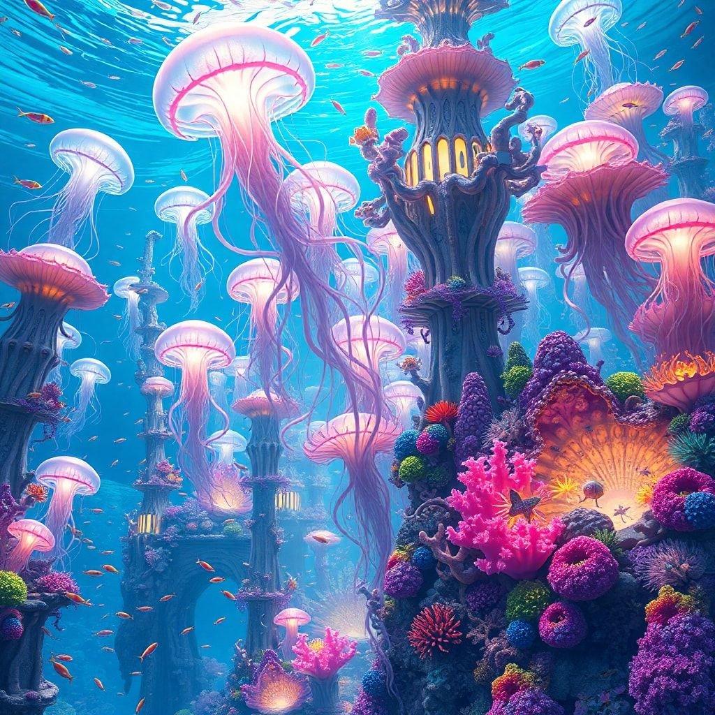 Explore the mystical underwater world filled with playful jellyfish and whimsical coral reefs. Take a deep dive into this enchanting desktop wallpaper.