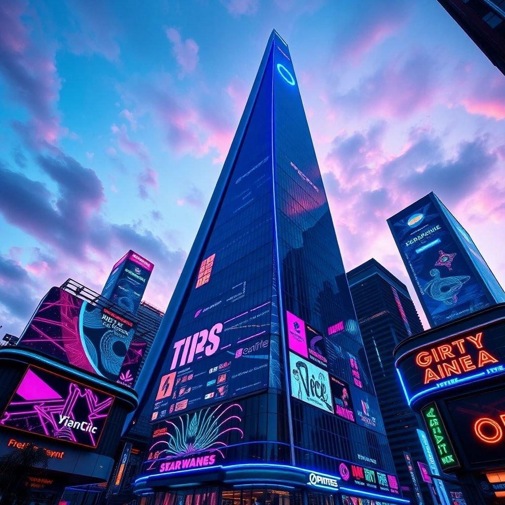 Bright city lights against the twilight, evoking a futuristic neon cyberpunk atmosphere.