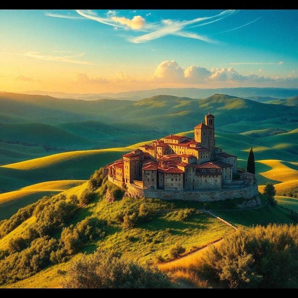 Une scène pittoresque d'un ancien village au lever du soleil, avec des collines ondulantes et un château lointain créant une atmosphère tranquille. Les voyageurs peuvent explorer l'architecture historique et flâner dans les charmantes rues sous la lumière dorée de l'aube.