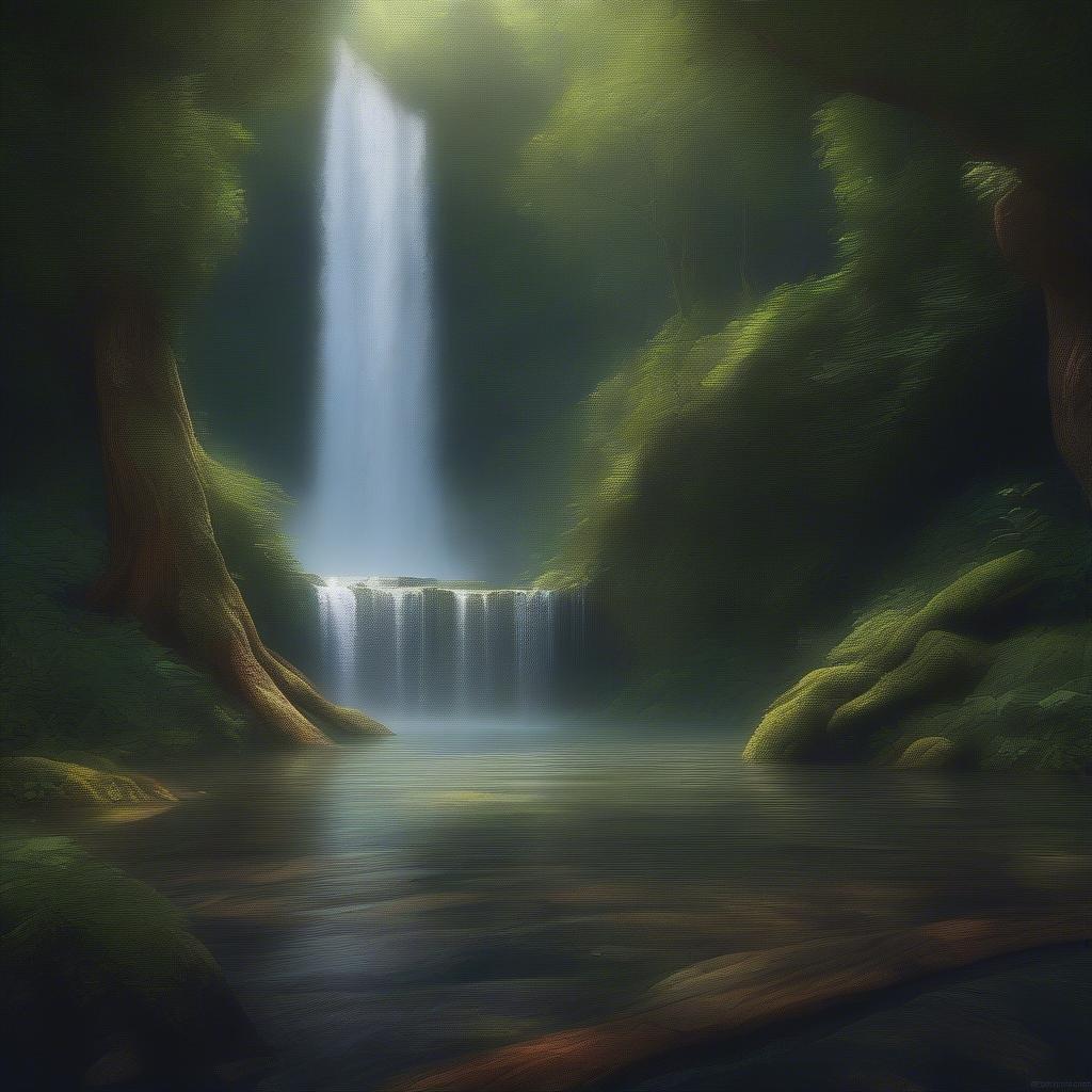 A mystical, mist-shrouded mountain stream, with a hidden waterfall.