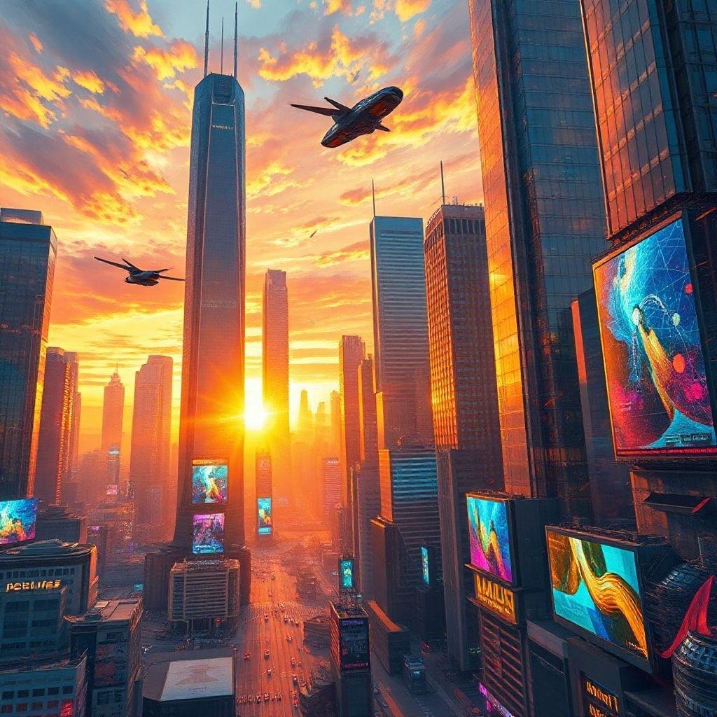 An aerial view of a futuristic city skyline at sunrise, with flying vehicles adding to the vibrant and dynamic scene.