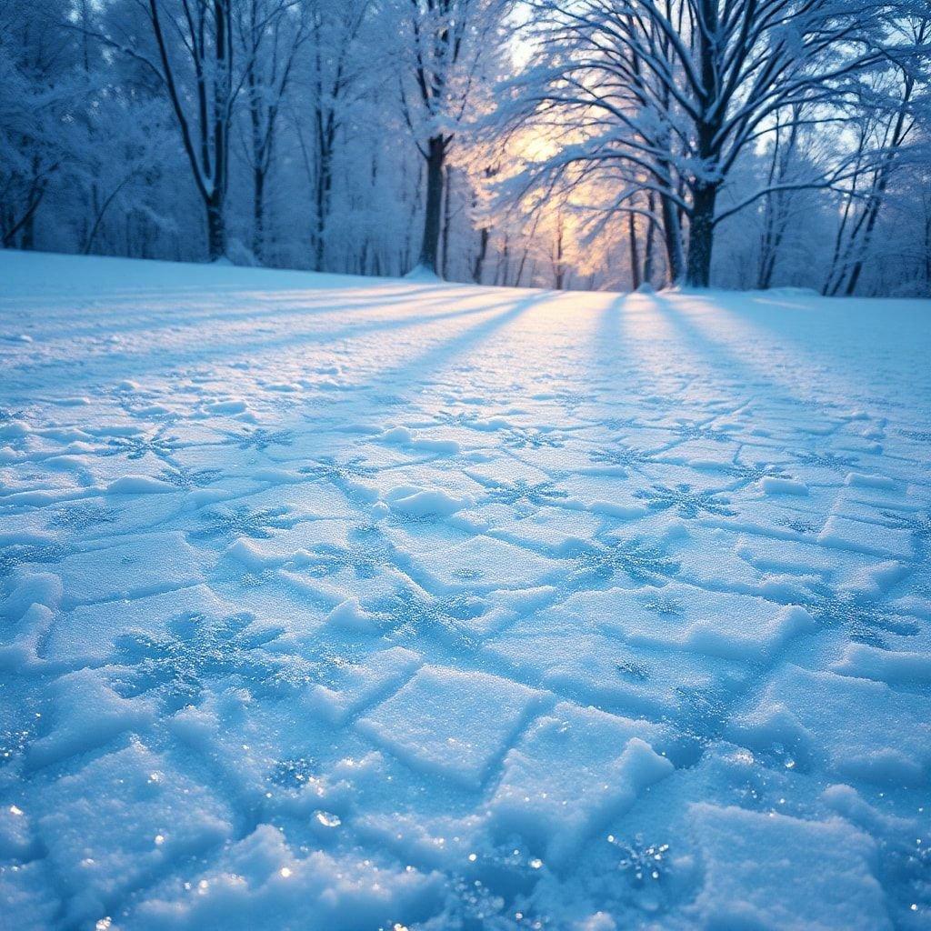 This snowy scene captures the magic of winter with a ground blanketed in pristine white snow. The sun shines through, casting long shadows and creating a beautiful pattern that adds to the enchantment of the scene.