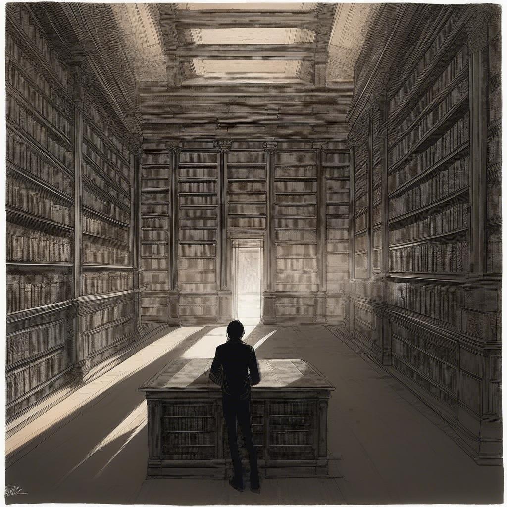 A warm and inviting library setting, with books arranged on shelves that reach towards the high ceiling. The lighting casts a gentle glow over the room, suggesting it's early morning or late evening when few are around to disturb the quiet.