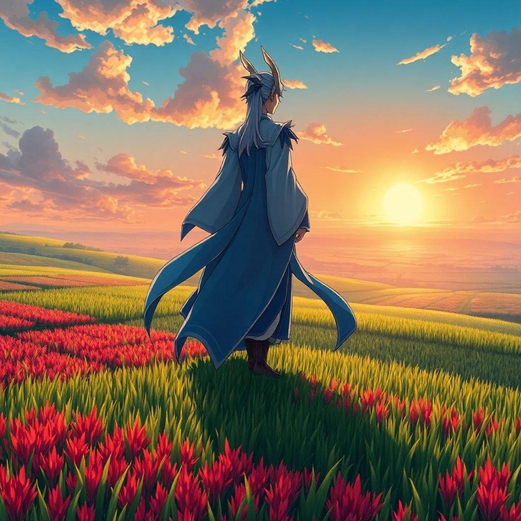 Experience the beauty of anime landscapes with this serene illustration of a mystical figure standing atop a lush rice paddy. The vibrant colors and detailed artwork bring life to the scene, capturing a moment of peace amidst nature's splendor.