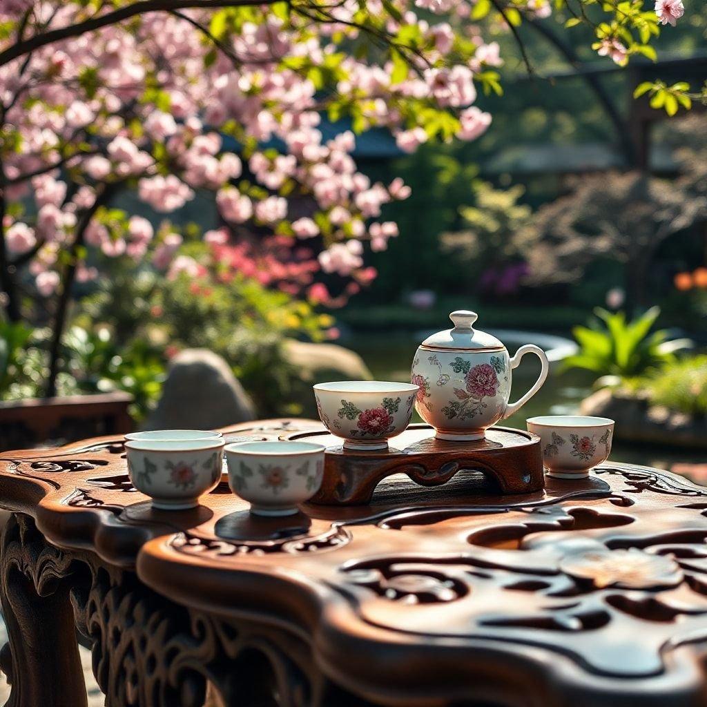 A serene and inviting scene of a table set with tea cups and a teapot, surrounded by cherry blossoms in full bloom.