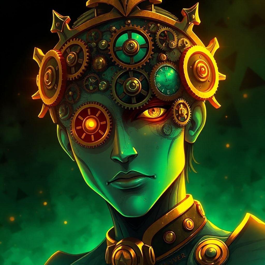 Immerse yourself in the captivating world of anime with this stunning wallpaper featuring a clockwork prince. The intricate gears and cogs on his face are a testament to the attention to detail in this digital illustration. The warm hues of green and gold create a unique and eye-catching atmosphere, perfect for desktop and mobile use.