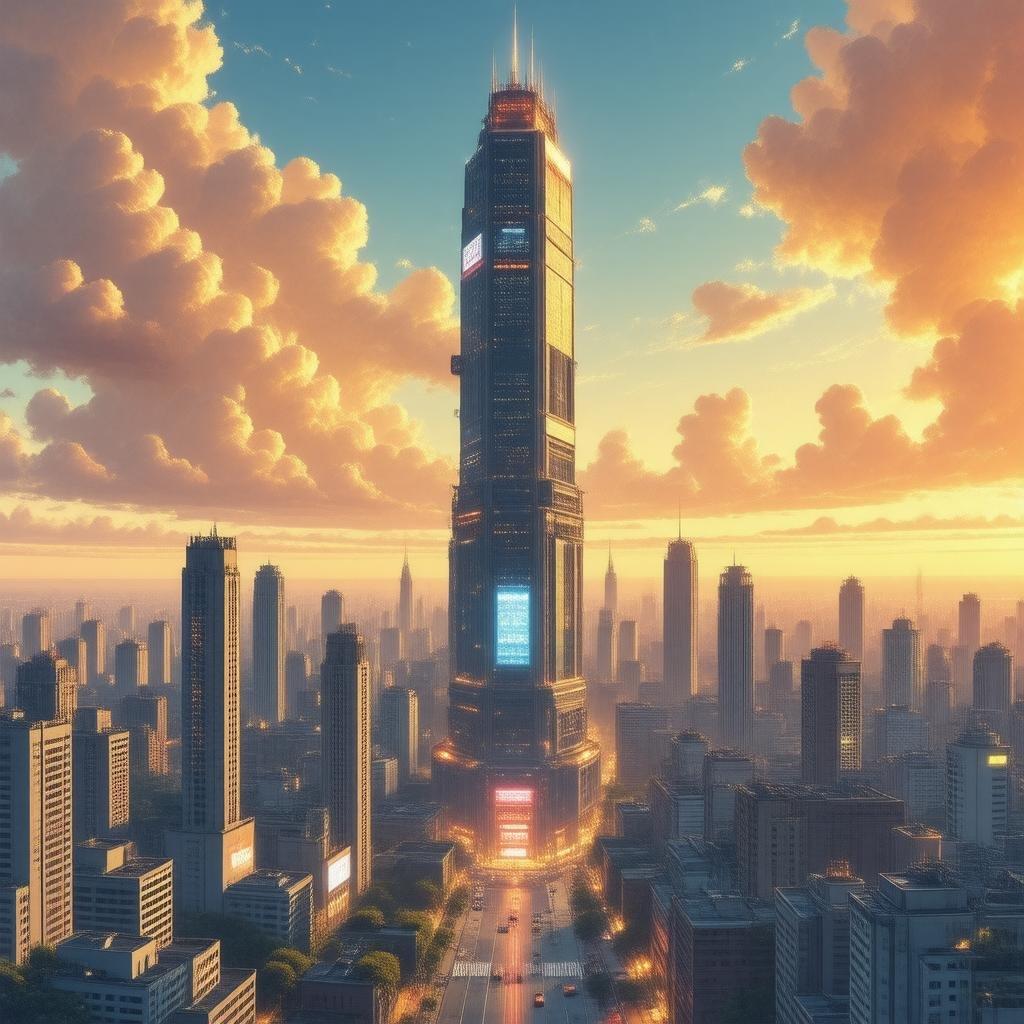 Mergulhe no vibrante mundo do anime com esta deslumbrante paisagem urbana ao pôr do sol. Os arranha-céus, os anúncios holográficos e os quentes tons de laranja e amarelo criam uma cena cativante que mistura natureza e tecnologia.