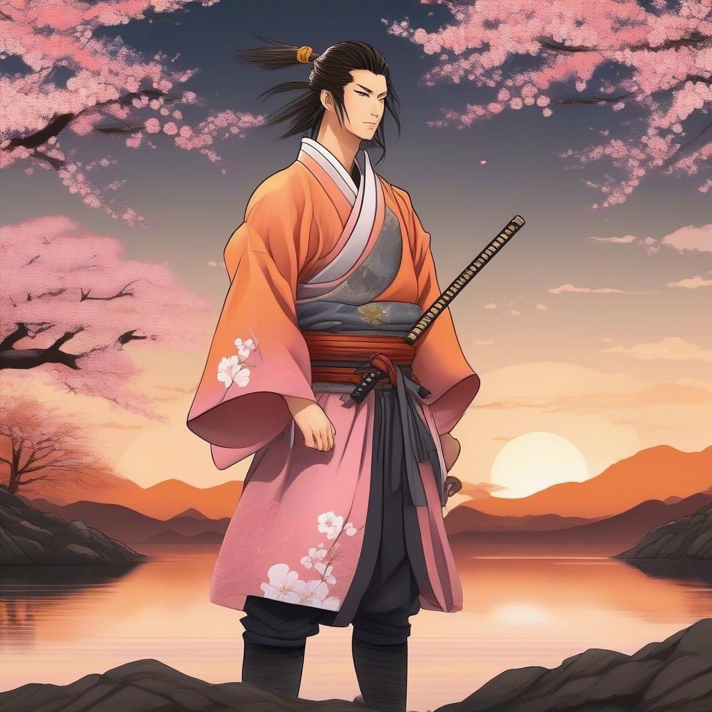 A serene anime depiction of a young samurai standing overlooking a beautiful lake, with cherry blossoms softly illuminated by the setting sun.