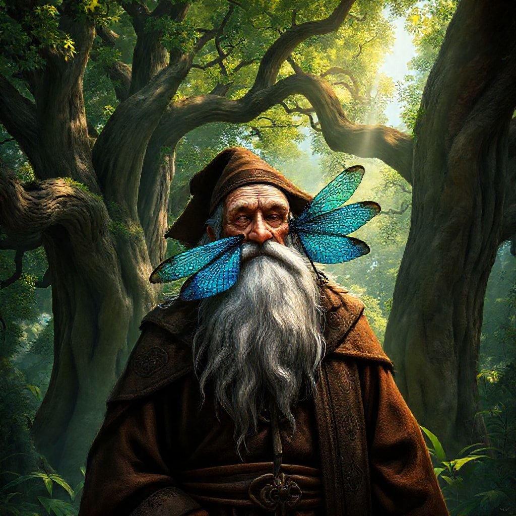 Immerse yourself in the enchanting world of fantasy creatures with this captivating wallpaper. The image features a wise-looking old man with a long white beard and a brown hat, surrounded by lush greenery and towering trees. The dragonfly perched on his nose adds a touch of whimsy and magic to the scene. This wallpaper is perfect for fans of fantasy and nature, offering a unique and captivating visual experience.