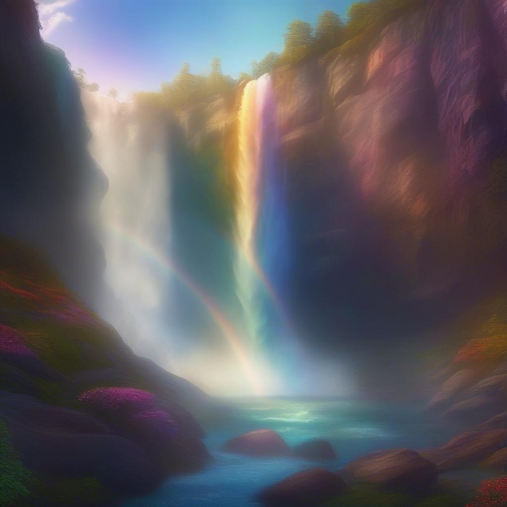 Ein lebendiger Wasserfall, der in einen üppigen Wald stürzt, verstärkt durch den magischen Glanz eines Regenbogens, der darüber schwebt.