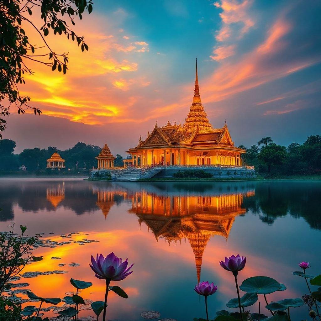 This stunning wallpaper features a serene Thai temple at sunset, capturing the essence of cultural and traditional architecture. The warm hues of the setting sun reflect off the tranquil water, creating a breathtaking scene that evokes feelings of peace and tranquility.