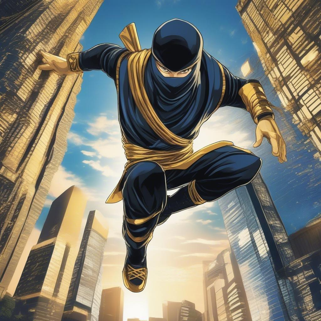 In the heart of Tokyo, a ninja warrior clad in black and gold leaps from a skyscraper. The intricate details of the tower are highlighted by bright sunlight, and the dark blue sky forms a stunning backdrop. This dynamic illustration captures the essence of action, with the figure's arms outstretched, frozen mid-leap.