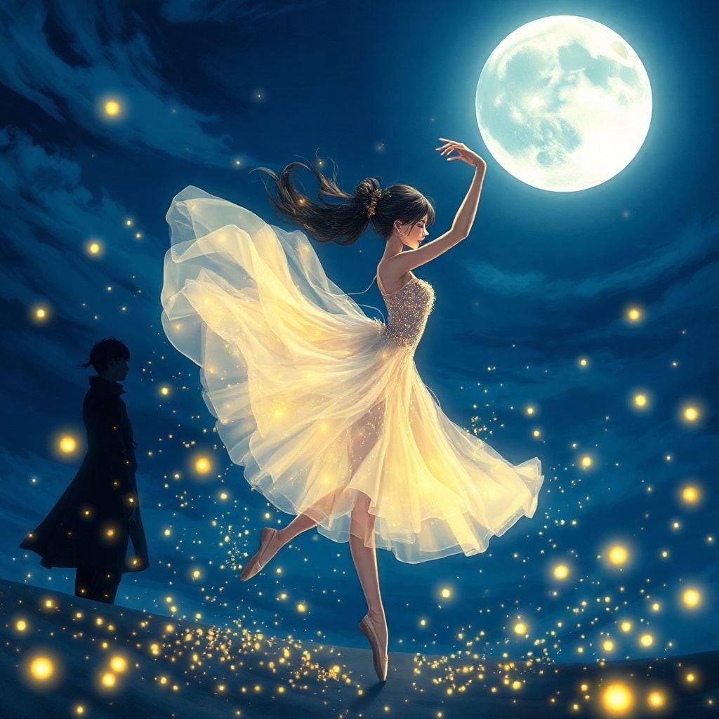 Eine fesselnde digitale Illustration einer Ballerina, die im Mondlicht tanzt, umgeben von einem Schwarm Glühwürmchen, und eine magische und traumhafte Atmosphäre schafft.