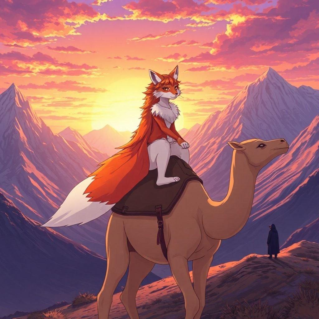 This anime illustration captures a serene and mystical moment as a fox spirit rides a camel through the mountains. The fox's vibrant orange fur and white fur stand out against the rugged, snow-capped peaks in the background. A mysterious figure in the distance adds a sense of scale and wonder to the scene.