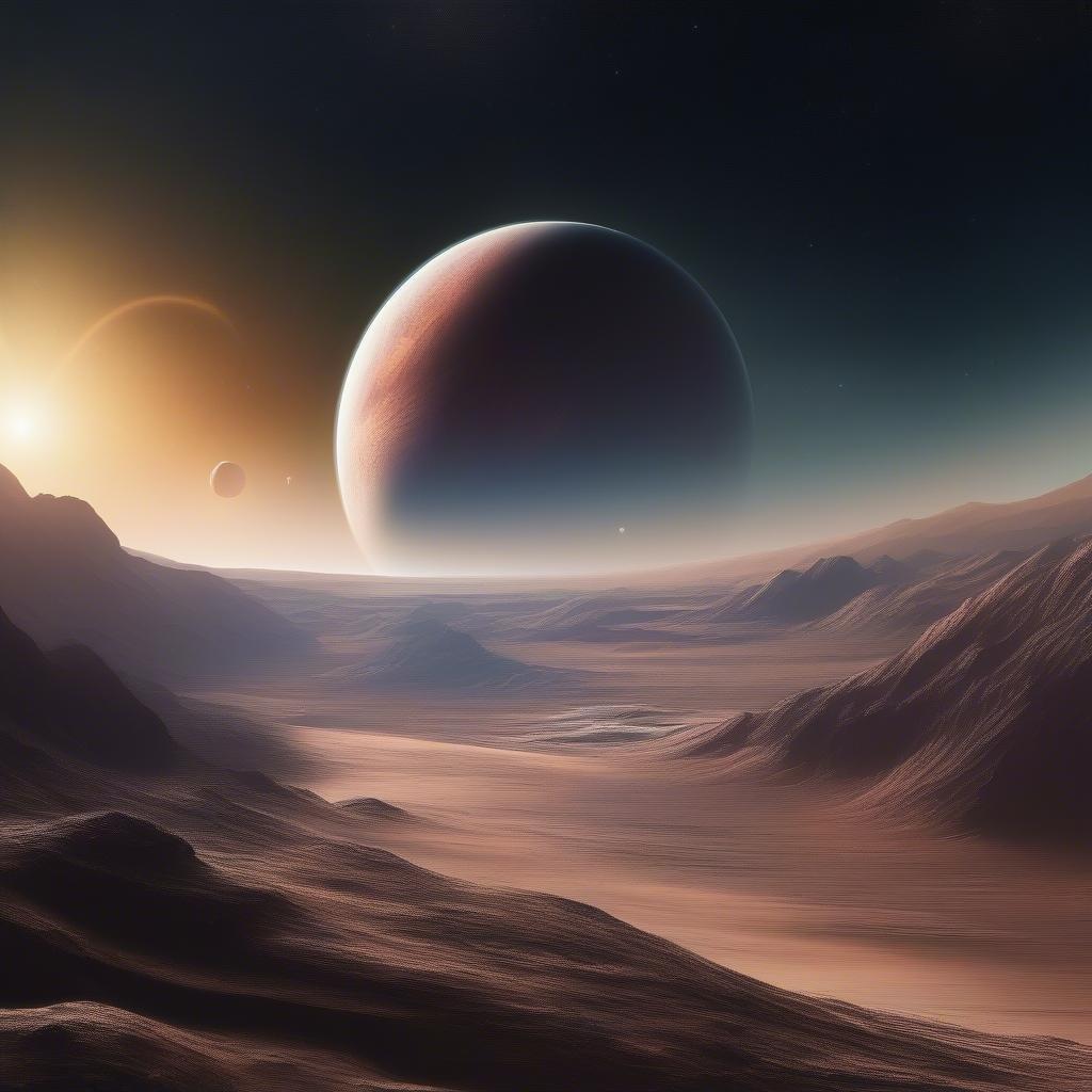 Explore the mysteries of Martian landscapes as the sun sets, casting long shadows over a desert planet with distant moons and stars in an evening sky. A breathtaking view for those who appreciate science fiction themes.