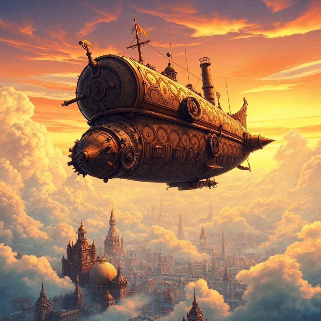 Ce magnifique vaisseau aérien inspiré du steampunk s'élève à travers les nuages, ses motifs complexes et sa grande tête témoignent de l'imagination de ses créateurs. Le design du vaisseau est une merveille d'ingénierie, avec son corps courbé et sa coque capturant un sens de mouvement et de puissance. Le paysage urbain animé en arrière-plan ajoute de la profondeur et du contexte à la scène, invitant le spectateur à explorer le monde du steampunk.