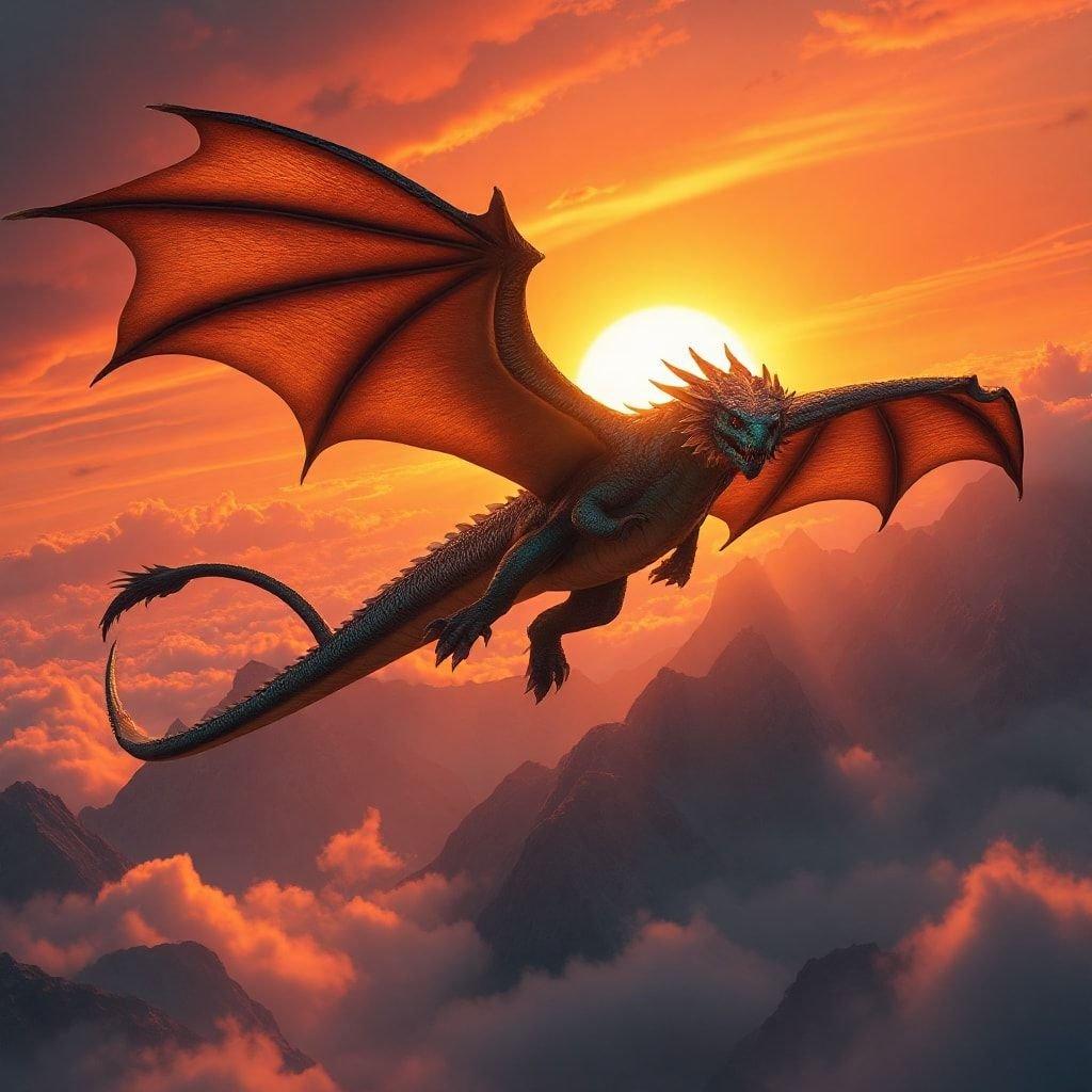 Experience the majesty of a dragon soaring across a vibrant sunset sky. This fantasy creature is captured mid-flight, with its wings spread wide and tail flicking behind it. The silhouette of mountains beneath adds to the sense of adventure and freedom embodied by this mythical beast.