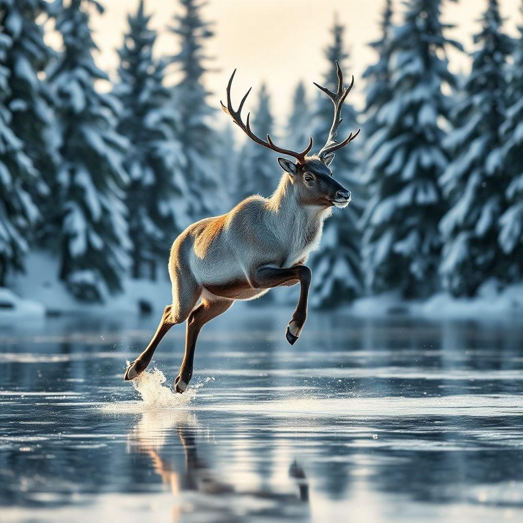 A majestic deer leaps through the winter wonderland, adding a dash of motion to the tranquil Christmas scene.