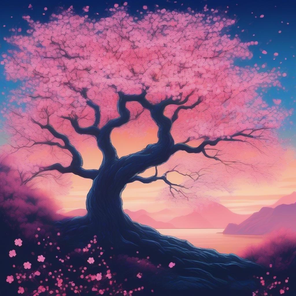 An ethereal cherry blossom tree stands tall under a deep blue sky. The branches are laden with vibrant pink flowers that glow with an otherworldly light, creating a dreamlike atmosphere. This detailed anime-style illustration captures the beauty and tranquility of nature's fleeting blooms.