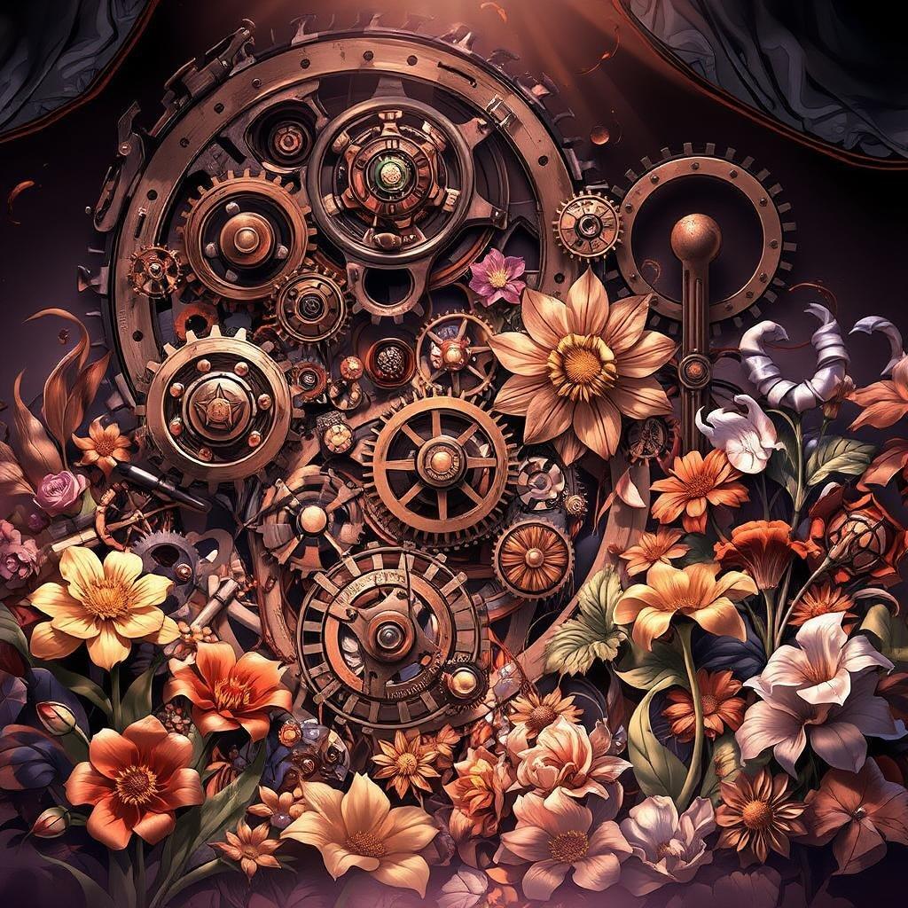 Step into a world of wonder with this steampunk-inspired wallpaper, where intricate mechanical gears and flowers come together in a beautiful anime-like atmosphere.